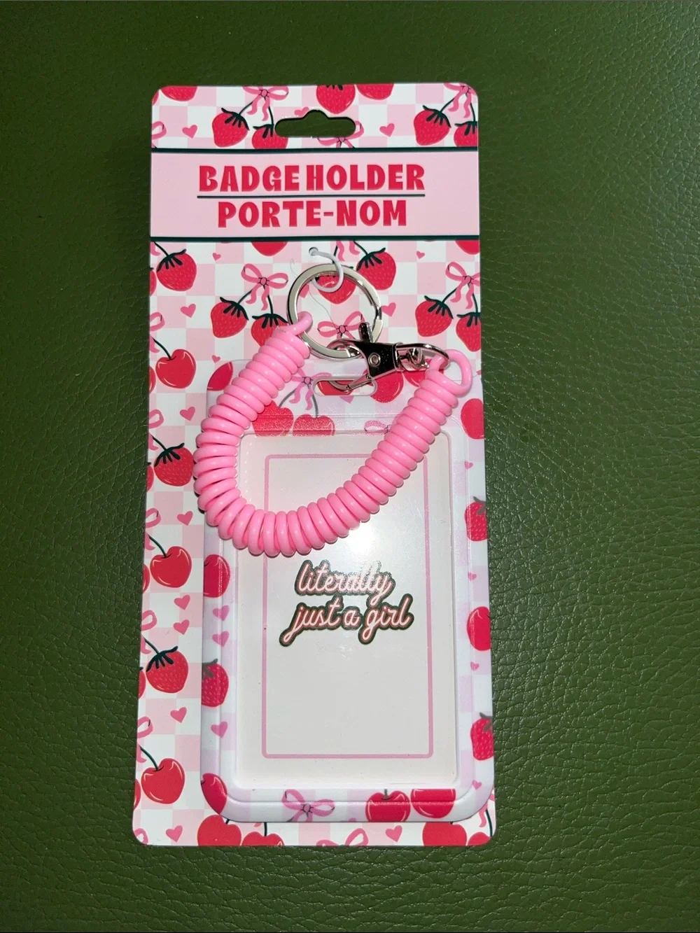 Pink Strawberry Badge Holder & Red Pom Pom Keychain